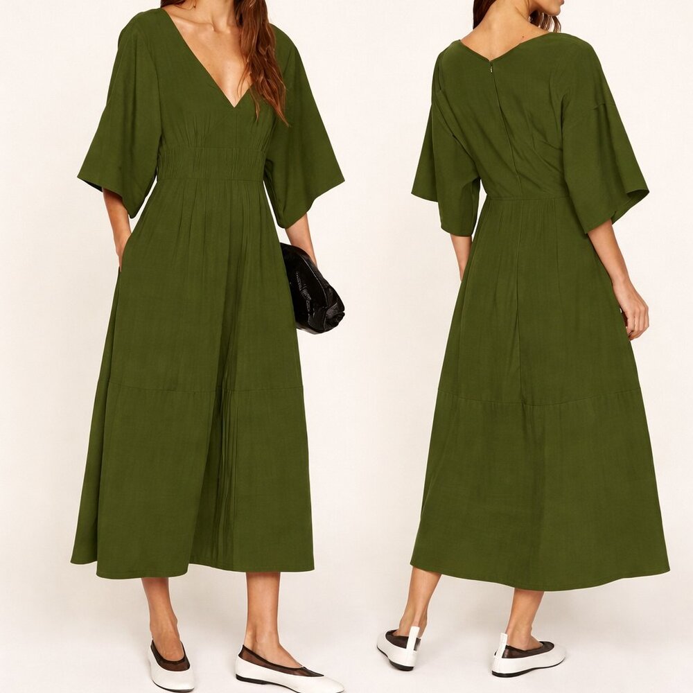 VINCE. Olive Green Flutter Sleeve Dress Size Large